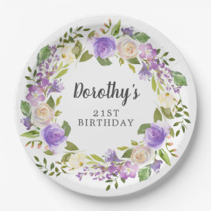 Rustic Purple Floral 21st Birthday Paper Plates