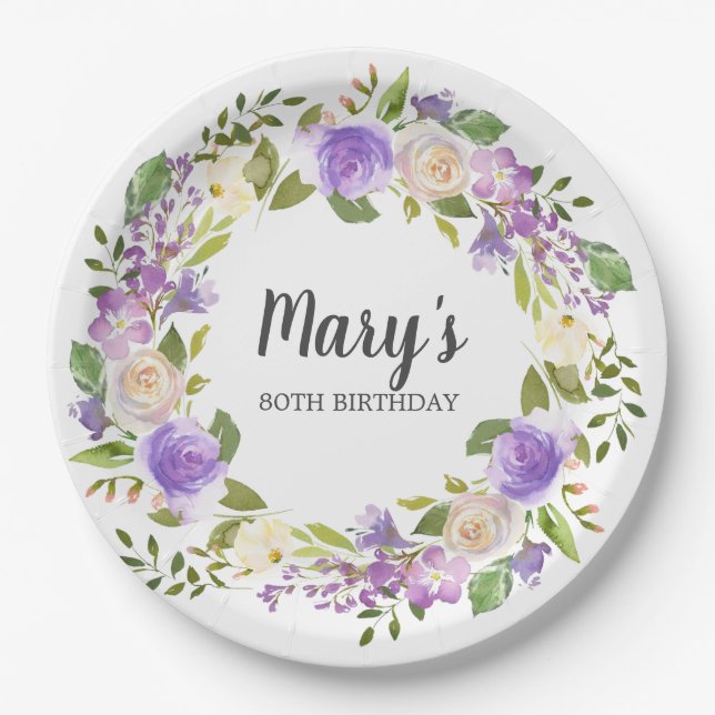 Rustic Purple Floral 80th Birthday Paper Plates (Front)