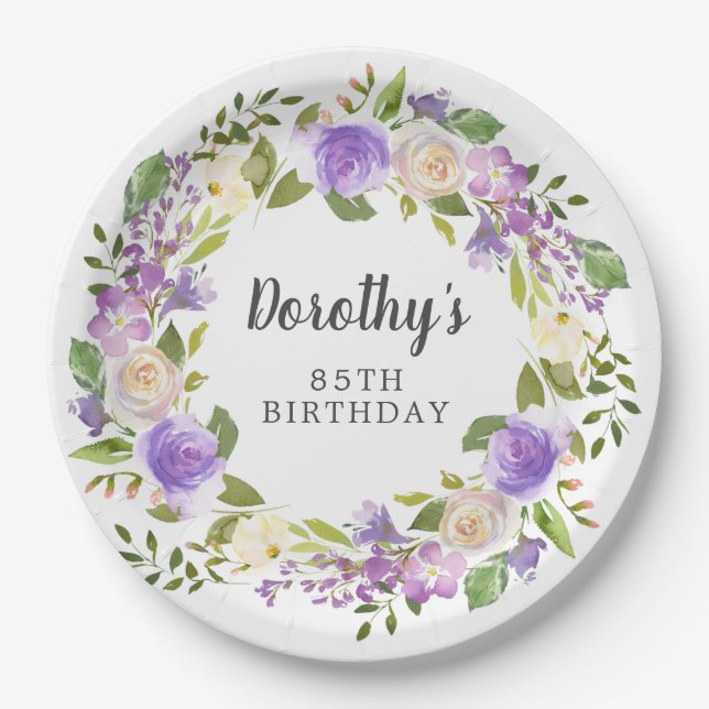 Rustic Purple Floral 85th Birthday Paper Plates (Front)