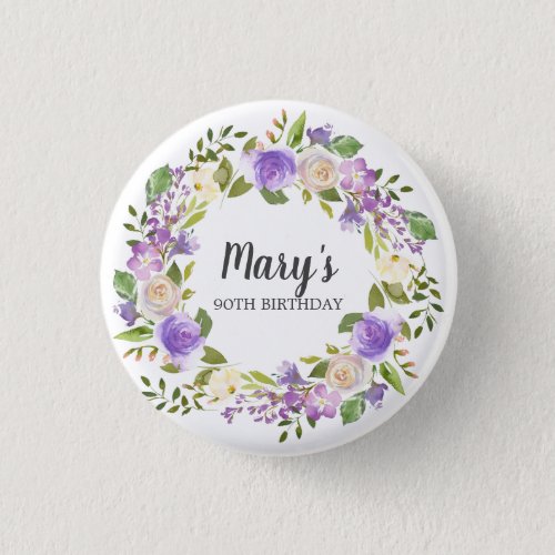 Rustic Purple Floral 90th Birthday Button