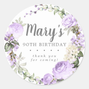 Rustic Purple Floral 90th Birthday Thank You Classic Round Sticker