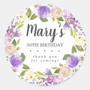 Rustic Purple Floral 90th Birthday Thank You Classic Round Sticker