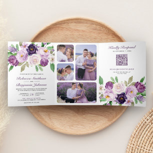 Rustic Purple Floral All in One QR Code Wedding Tri-Fold Invitation