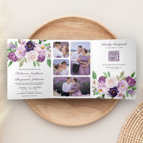 Rustic Purple Floral All in One QR Code Wedding Tri_Fold Invitation