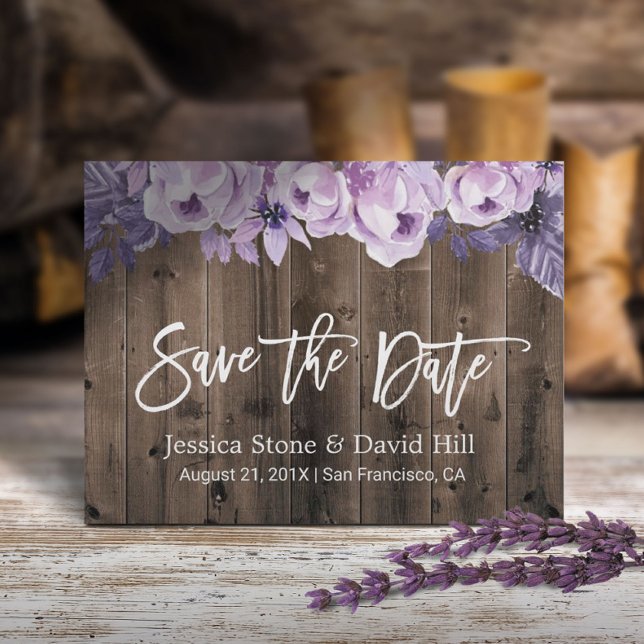 Rustic Purple Floral Barn Wedding Save the Date Announcement Postcard (Creator Uploaded)