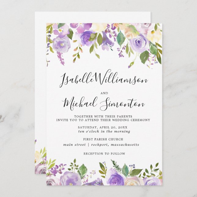 Rustic Purple Floral Botanical Wedding Invitation (Front/Back)