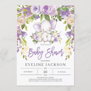 Rustic purple floral girl elephant baby shower invitation