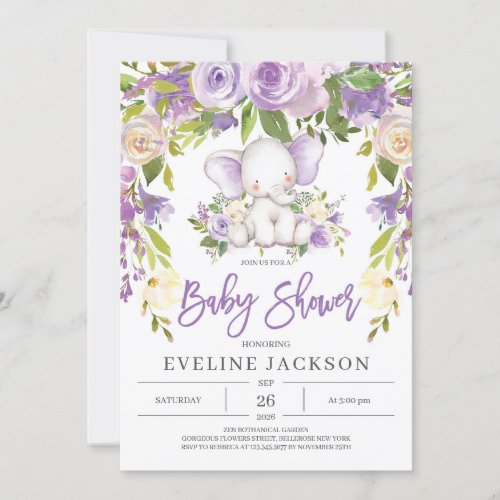 Rustic purple floral girl elephant baby shower invitation