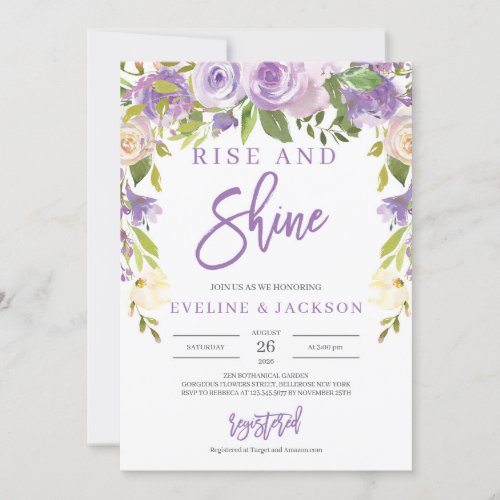 Rustic purple floral green rise and shine wedding invitation