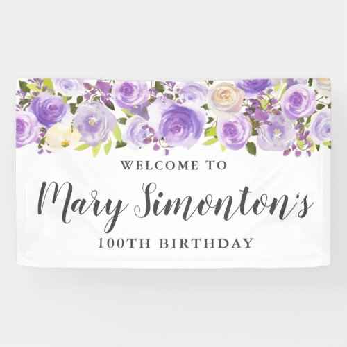 Rustic Purple Floral Greenery 100th Birthday  Banner