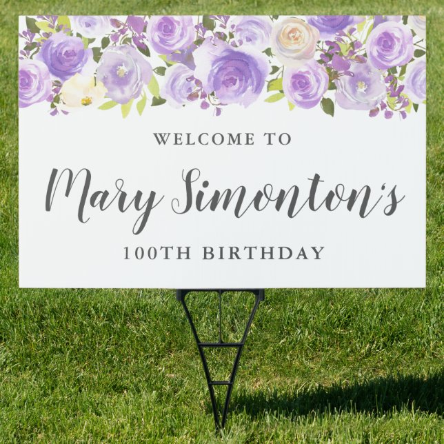 Rustic Purple Floral Greenery 100th Birthday Yard Sign (Insitu)