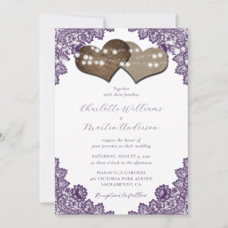Rustic Purple Floral Lace Burlap Hearts Wedding Invitation