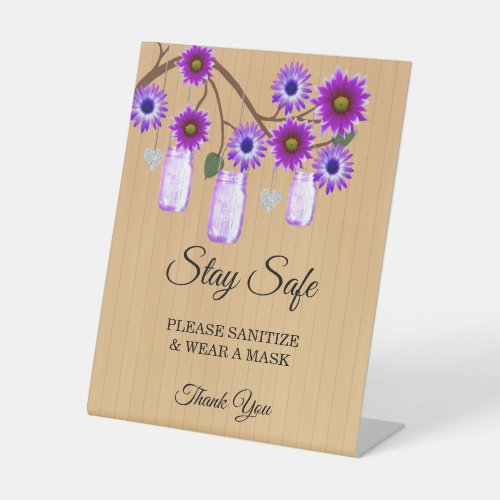 Rustic Purple Floral Mason Jars Wedding Safety Pedestal Sign