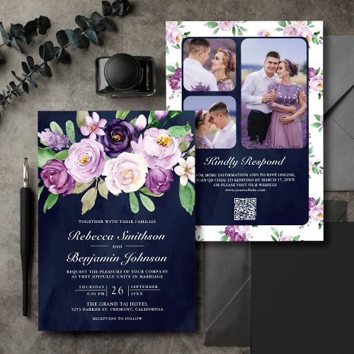 Rustic Purple Floral Navy Blue QR Code Wedding Invitation