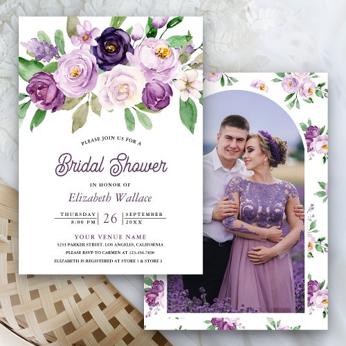 Rustic Purple Floral Photo Bridal Shower Invitation