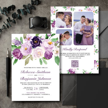 Rustic Purple Floral Photo Collage Qr Code Wedding Invitation by ShabzDesigns at Zazzle