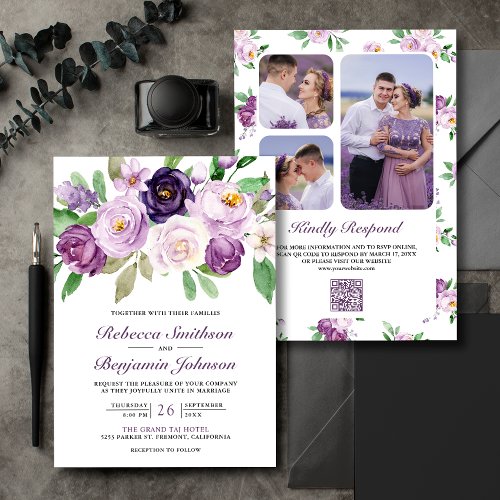 Rustic Purple Floral Photo Collage QR Code Wedding Invitation