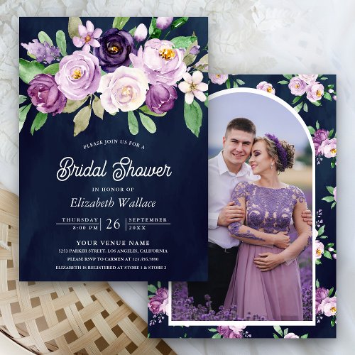 Rustic Purple Floral Photo Navy Blue Bridal Shower Invitation