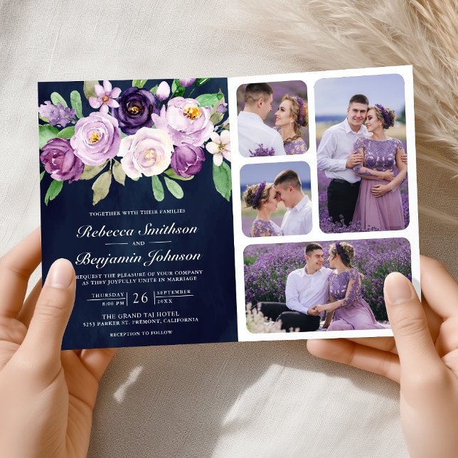 Rustic Purple Floral QR Code Navy Blue Wedding Invitation (Creator Uploaded)