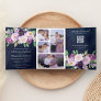 Rustic Purple Floral QR Code Navy Blue Wedding Tri-Fold Invitation