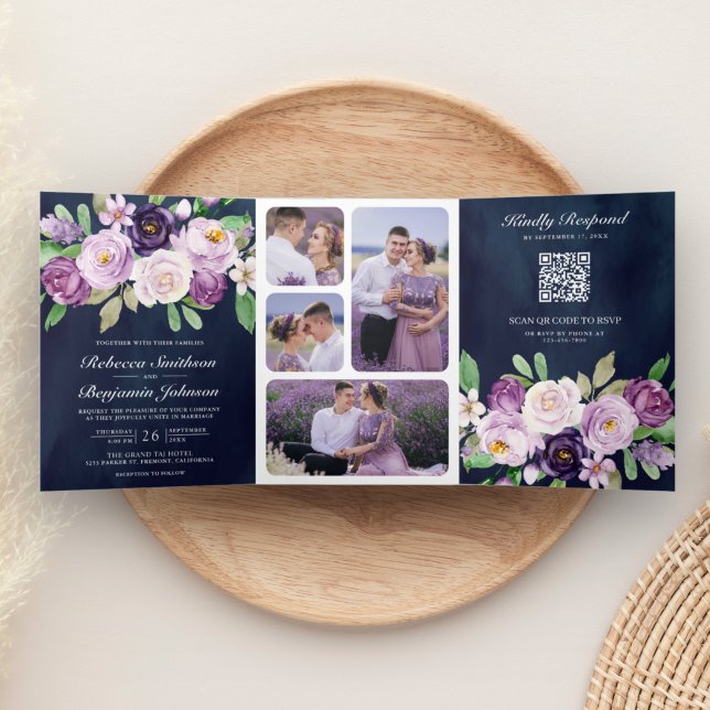 Rustic Purple Floral QR Code Navy Blue Wedding Tri-Fold Invitation (Creator Uploaded)