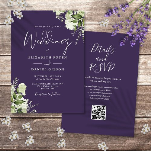 Rustic Purple Floral QR Code Wedding Invitation