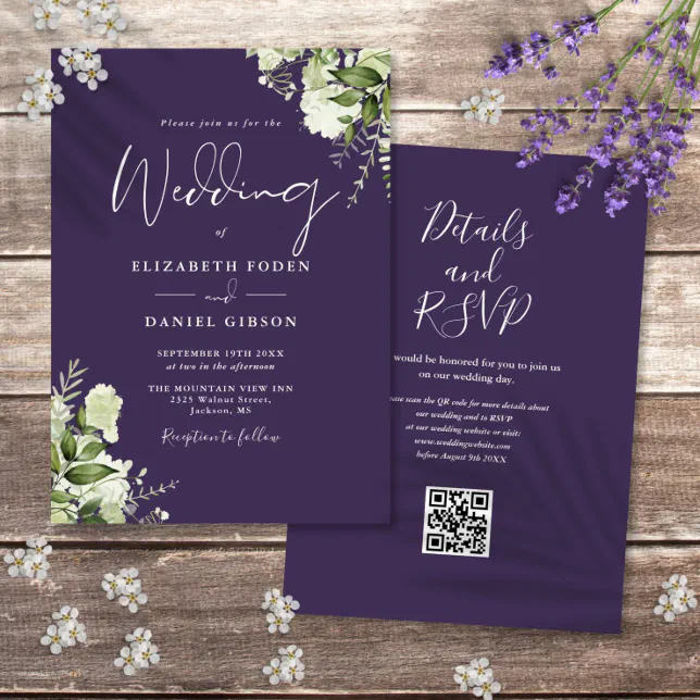 Rustic Purple Floral QR Code Wedding Invitation | Zazzle