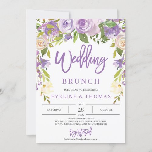 Rustic purple floral romantic wedding brunch invitation