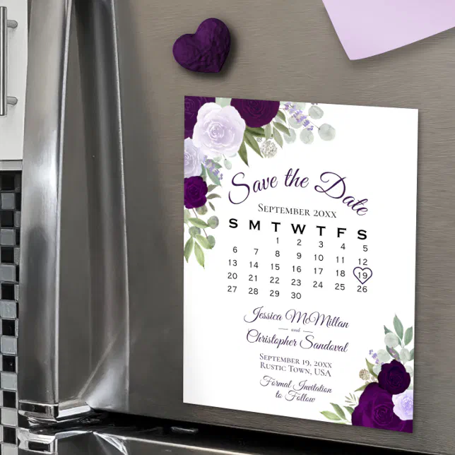 Rustic Purple Floral Save The Date Calendar Magnet Zazzle 9549