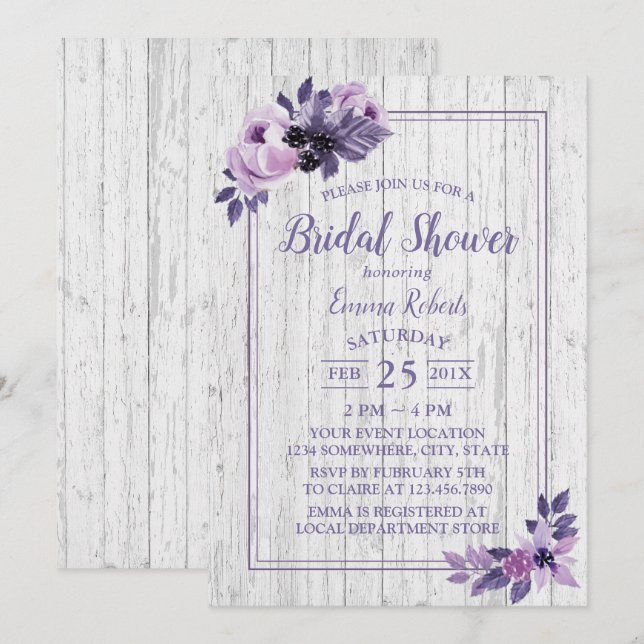 Rustic Purple Floral Spring Wedding Bridal Shower Invitation (Front/Back)