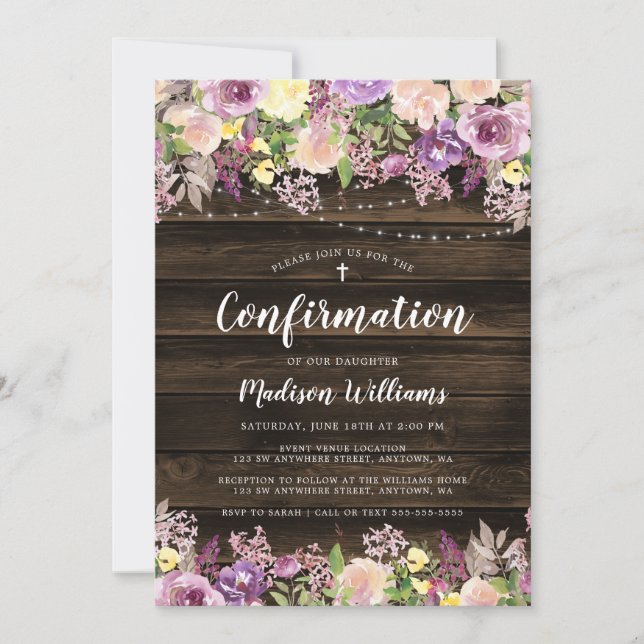 Rustic Purple Floral String Light Confirmation Invitation (Front)