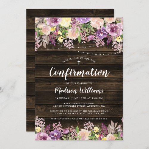 Rustic Purple Floral String Light Confirmation Invitation