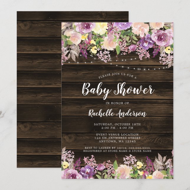 Rustic Purple Floral String Light Girl Baby Shower Invitation (Front/Back)