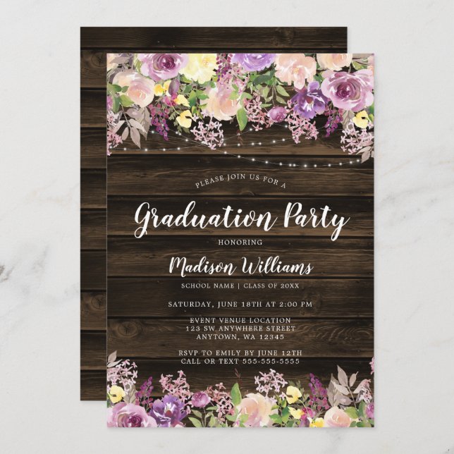 Rustic Purple Floral String Light Graduation Party Invitation (Front/Back)