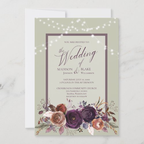 Rustic Purple Floral String Light Green Wedding Invitation