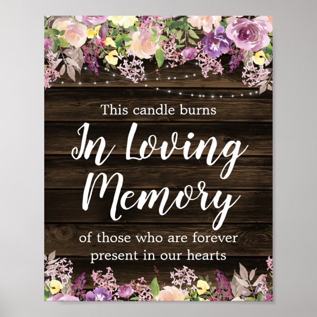 Rustic Purple Floral String Light Wedding Memorial Poster (Front)