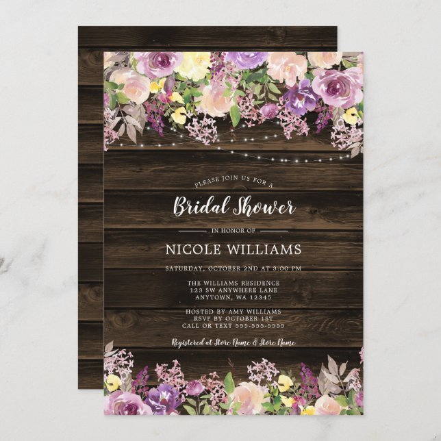 Rustic Purple Floral String Lights Bridal Shower Invitation (Front/Back)
