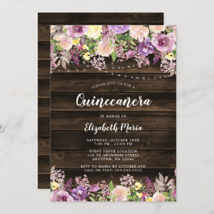 Rustic Purple Floral String Lights Quinceanera Invitation