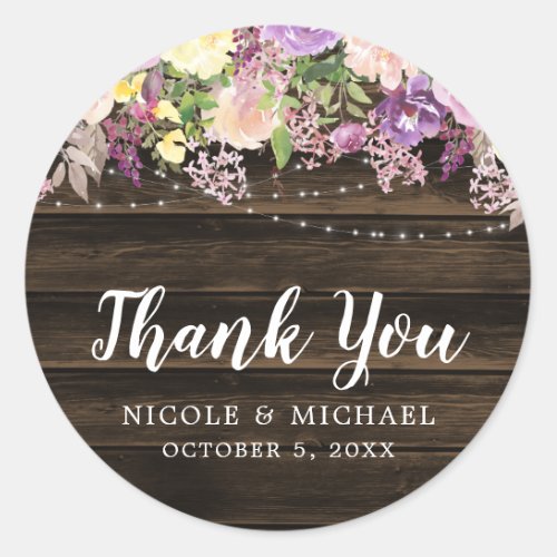 Rustic Purple Floral String Lights Wedding Classic Round Sticker