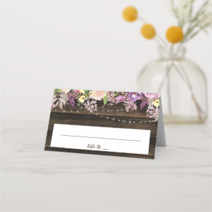 Rustic Purple Floral String Lights Wedding Folded Place Card