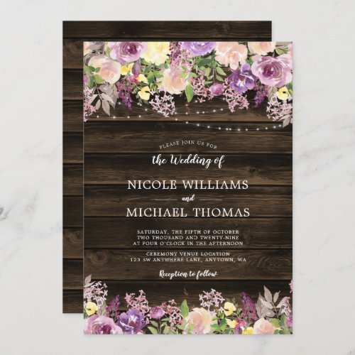 Rustic Purple Floral String Lights Wedding Invitation