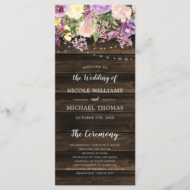Rustic Purple Floral String Lights Wedding Program (Front)
