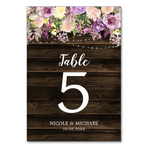 Rustic Purple Floral String Lights Wedding Table Number