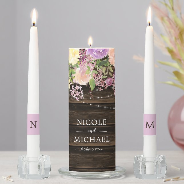 Rustic Purple Floral String Lights Wedding Unity Candle Set (In Situ)