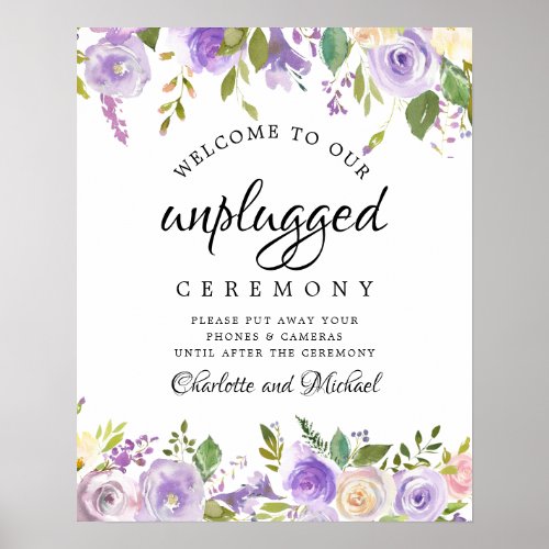 Rustic Purple Floral Unplugged Wedding Sign