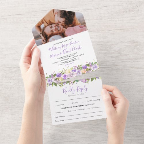 Rustic Purple Floral Wedding All In One Invitation - Elegant all in one wedding trifold invitation featuring a chic white background that can be changed to any color, a photo of the happy couple, elegant purple & lavender watercolor florals, wedding invite, and an rsvp menu option postcard for your guests to tear off and send back.