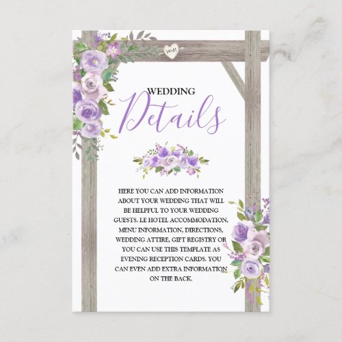 Rustic Purple Floral Wedding Details Enclosure Card - Pretty wedding information cards featuring a classy chic white background that can be changed to any color, a stylish purple & lavender watercolor floral display on a rustic wooden wedding arch, a carved heart with the couples initials, and a wedding detail template.