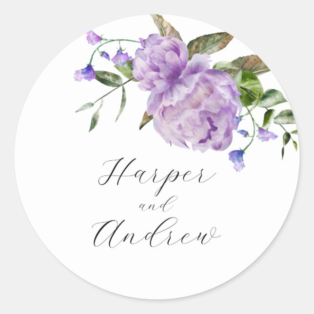 Rustic Purple Floral Wedding Favor   Classic Round Sticker (Front)