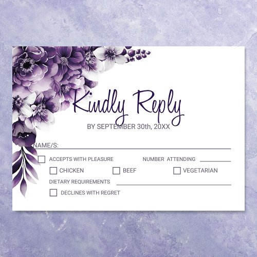 Rustic Purple Floral Wedding RSVP Card