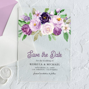 Rustic Purple Floral Wedding Save the Date Acrylic Invitations